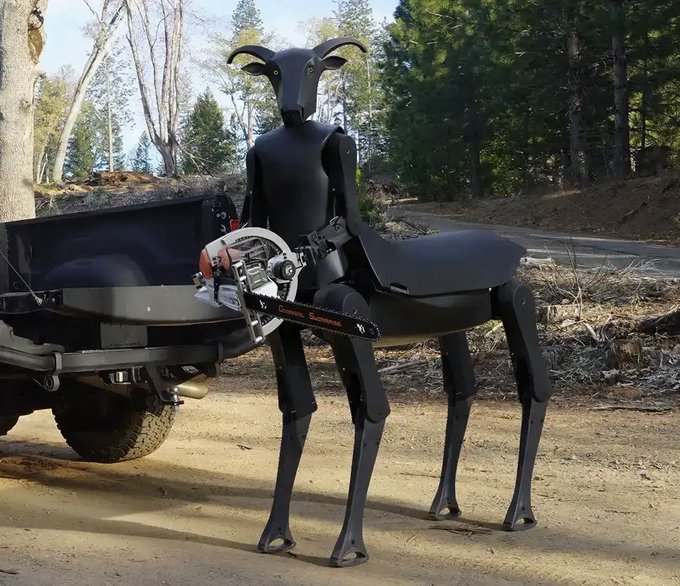 A black metal deer decoy mounted to a chainsaw, designed to trick male deer during hunting season, sits on a dirt road next to a utility vehicle.