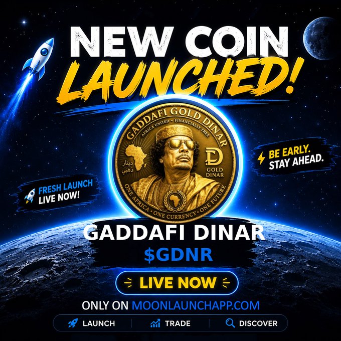 A promotional poster announcing 'NEW COIN LAUNCHED!' for 'GADDAFI DINAR $GDNR', featuring a gold coin with Muammar Gaddafi's image, set against a space backdrop with Earth and the moon, promoting 'MOONLAUNCHAPP.COM' with call-to-action buttons for Launch, Trade, and Discover.