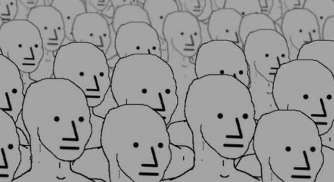 A crowd of identical, blank-faced gray figures stand packed together, visually representing the influx of retail clients and the masses entering onchain finance. The uniformity of the figures mirrors the post's message about TradFi bringing waves of retail users onto Ethereum, signaling Ethereum's growing role as a global settlement layer backed by ETH as gas and collateral.