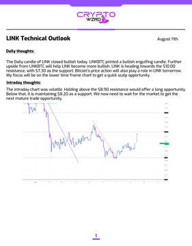 The image shows a "LINK Technical Outlook" report from August 11th on CryptoDz.com, featuring a candlestick chart of LINK/USD price action with bullish daily thoughts highlighting a bullish engulfing candle and an intraday thought noting $8.90 as key resistance and $8.20 as support, which directly corresponds to the accompanying post's analysis of potential long and short trade opportunities at those price levels.