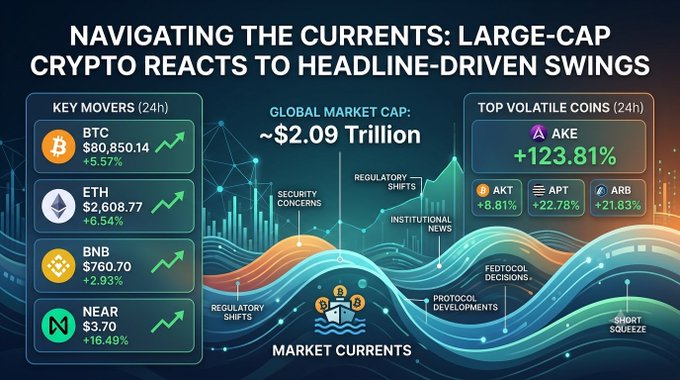 An infographic titled 'NAVIGATING THE CURRENTS: LARGE-CAP CRYPTO REACTS TO HEADLINE-DRIVEN SWINGS' displays a global market cap of ~$2.09 Trillion, highlighting key movers like BTC (+5.57%) and ETH (+6.54%), along with volatile coins like AKE (+123.81%).