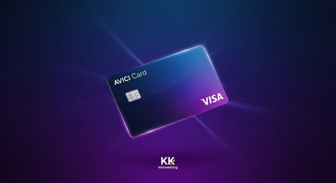 A glowing 3D render of a Visa credit card labeled 'AVICI Card' with NASA branding floating against a dark purple background.