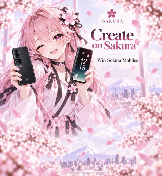 Anime girl winking and holding two smartphones, surrounded by pink cherry blossoms, with text reading "SAKURA — Create on Sakura — Win Solana Mobiles" — promoting a contest where top 2 creators win Solana Mobiles from Sakura.