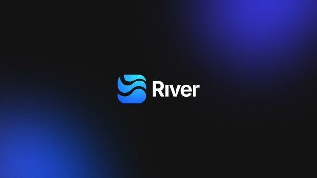 A logo for 'River' displayed against a dark background with blue lighting accents, featuring an abstract blue water-like symbol.