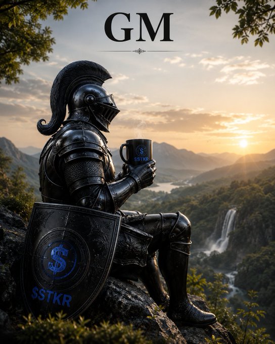An AI-generated image of a knight in dark armor sitting on a rock overlooking a scenic landscape, holding a mug labeled 'SSTKR' and resting a shield with the same logo; 'GM' is displayed at the top.
