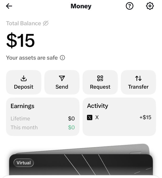 A screenshot of a mobile banking app showing a 'Money' screen with a total balance of $15, featuring buttons for Deposit, Send, Request, and Transfer, plus an Activity log showing a +$15 transaction.