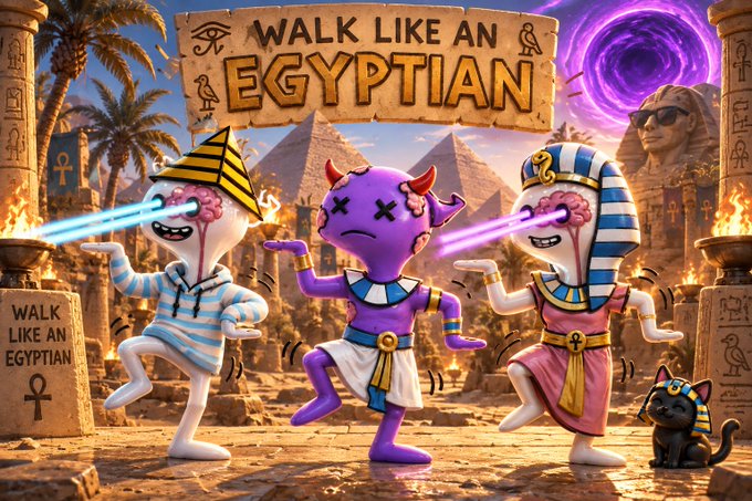 A vibrant digital illustration features three cartoon characters—a brain-headed figure, a purple demon, and a pharaoh—dancing in an Egyptian setting with the text 'WALK LIKE AN EGYPTIAN' displayed prominently at the top.
