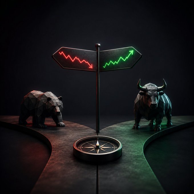 A stylized image shows a bear and bull facing each other on opposite paths under a signpost with red downward and green upward arrows, with a compass at the base representing financial market direction.