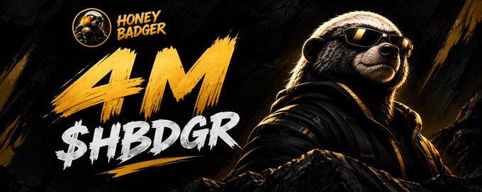 A promotional banner features a honey badger wearing sunglasses and a leather jacket, accompanied by the text "HONEY BADGER," "4M," and "$HBDGR."
