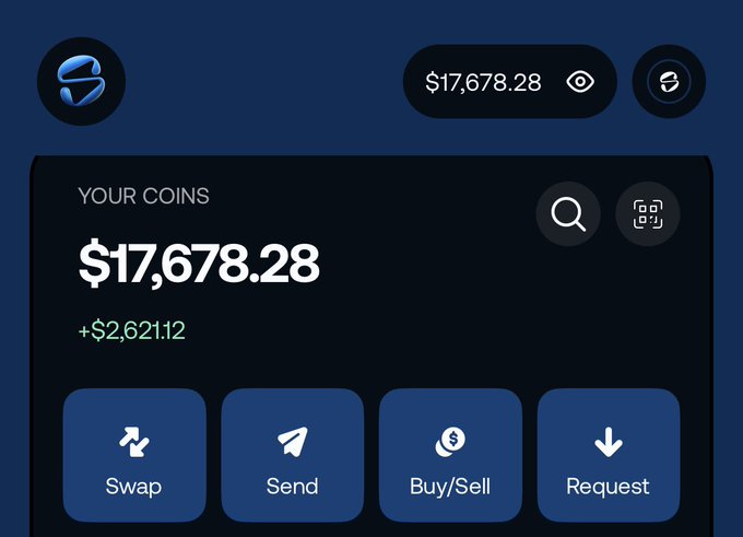 The image shows a cryptocurrency wallet interface displaying a balance of "$17,678.28" with a gain of "+$2,621.12", featuring action buttons for Swap, Send, Buy/Sell, and Request. This wallet dashboard relates to the post by illustrating the type of crypto holdings that could benefit from the Sui meme revival mentioned, as the user references previous successful meme coins like $STONK and $Zcat.