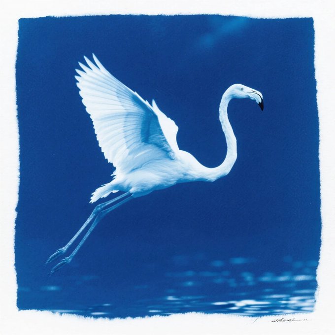 A stunning blue-toned photograph of a white flamingo in mid-flight with wings spread wide, captured against a deep blue background with water reflections below.