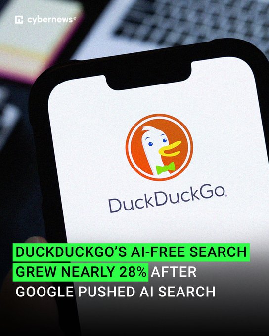 The image features a cell phone with an open Google search page displaying DuckDuckGo's logo. The text above the image reads "Build your privacy stack— @DuckDuckGo for privacy-preserving search; Sia Storage App for fully private, user-owned file storage on your phone". This suggests that DuckDuckGo is a popular and secure alternative to Google Search, which emphasizes privacy and user control over their data.