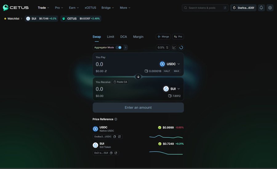 The Cetus exchange interface shows a swap trading screen for USDC to SUI tokens, with SUI priced at $0.7249 and USDC at $0.9999.