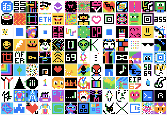 A grid of various pixel art icons including emojis, characters, flags, and symbols, some containing text like 'ETH', '69', 'CR', 'EIP', and 'GIF'.