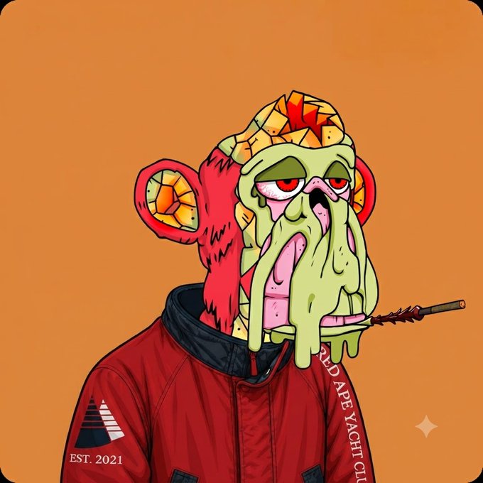 An illustrated NFT-style portrait of a grotesque, melting green and red alien-like creature in a red jacket, labeled 'World Ape Yacht Club' and 'EST. 2021.'