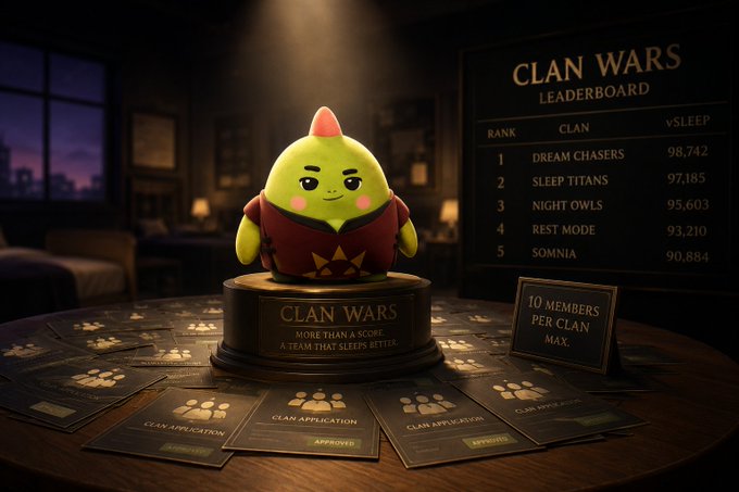 A green blob-like mascot wearing a red shirt sits atop a "CLAN WARS" trophy, surrounded by "CLAN APPLICATION" cards and a leaderboard ranking clans like "DREAM CHASERS" (98,742) and "SLEEP TITANS" (97,185) by $SLEEP. The scene visually captures the post's point: the sheer volume of real applications and the 10-member cap forcing clans to split suggests genuine engagement rather than farming incentives.