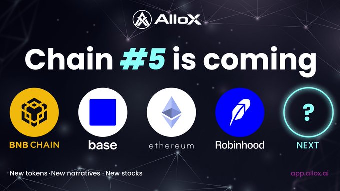 An advertisement for AlloX stating 'Chain #5 is coming' featuring logos for BNB CHAIN, base, Robinhood, and a 'NEXT' placeholder.