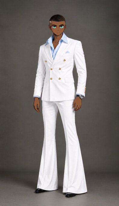 A 3D rendered anime-style male character with green eyes wears a white double-breasted suit with gold buttons, a light blue shirt, and flared trousers.