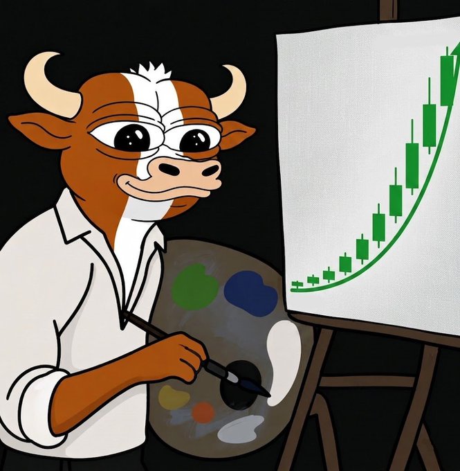 A cartoon bull character wearing a white shirt holds a paint palette and brush, having painted a green rising candlestick chart on a canvas easel.