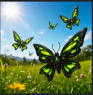 The image features four butterflies with green bodies and yellow wings fluttering around in a field of flowers. The butterflies are positioned at various distances from each other, creating an impression of movement and liveliness. The background consists of a beautiful blue sky dotted with clouds, providing a serene backdrop to the scene. The image also contains text that reads "The next generation of SocialFi won'n't be won by spam, Bots or artificial engagement. @quipnetwork is building an ecosystem where reputation, quality content and authentic community participation matter". This message seems to be related to the butterflies in the field, as it emphasizes the importance of authenticity and genuine interactions in today's social media landscape.