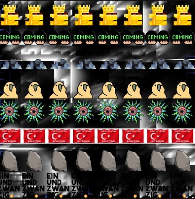 The image displays a grid of repeating rows showing yellow fortress icons, "COMING" text, gray ghost-like figures, yellow blob characters, green lightning patterns, red "BUYBITCOIN" Turkish flag banners, gray rocks, and German text reading "EIN UND ZWAN ZIG." The collage appears to be a collection of various ordinal-style graphics, likely related to the poster's "365 days of posting ordinals till new ath" challenge on Day 233.