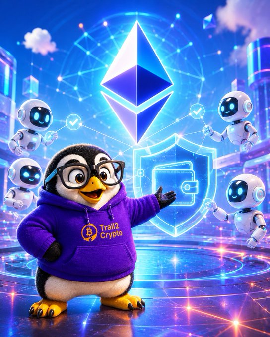 A 3D digital illustration featuring a cute penguin character wearing glasses and a purple 'Trail2 Crypto' hoodie, standing next to a large Ethereum logo and a digital shield, surrounded by small white robots in a neon-lit futuristic city.
