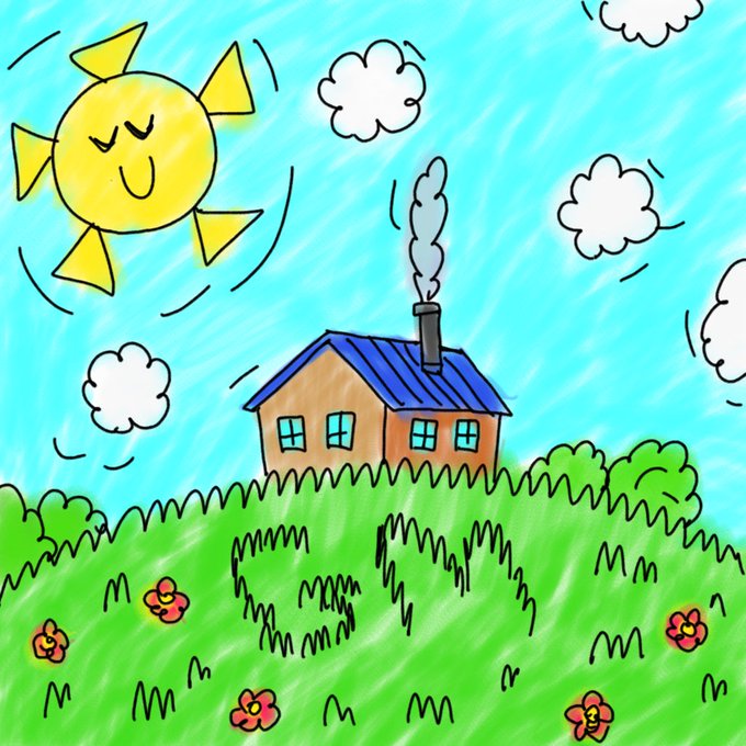 A cheerful child's drawing shows a smiling sun shining over a green meadow dotted with red flowers, with a small house featuring a blue roof and smoking chimney in the center. The whimsical illustration captures a bright, happy morning scene that evokes the innocence and imagination of a kid's storybook illustration for "GM Day KidStory."