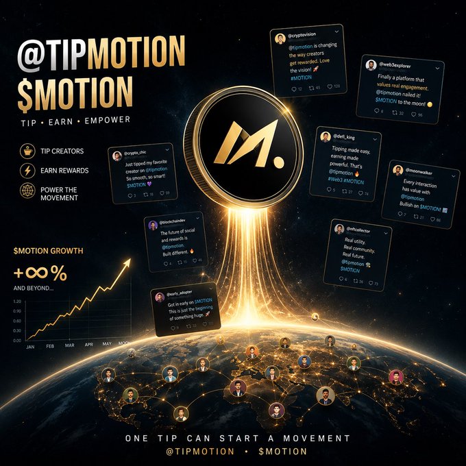 A promotional graphic for '@TIPMOTION' with the tagline 'TIP • EARN • EMPOWER' and 'ONE TIP CAN START A MOVEMENT', showing a golden 'M' logo surrounded by social media posts and a global network of users.