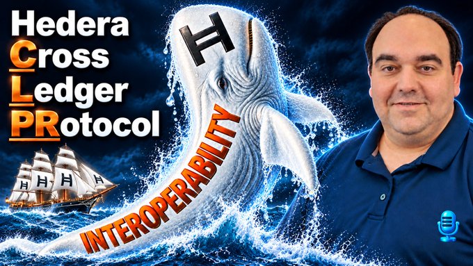 YouTube thumbnail for 'Hedera Cross Ledger Protocol' featuring a man in a blue shirt next to a large whale with 'H' on it, an 'INTEROPERABILITY' banner, and a ship with 'H' sails.