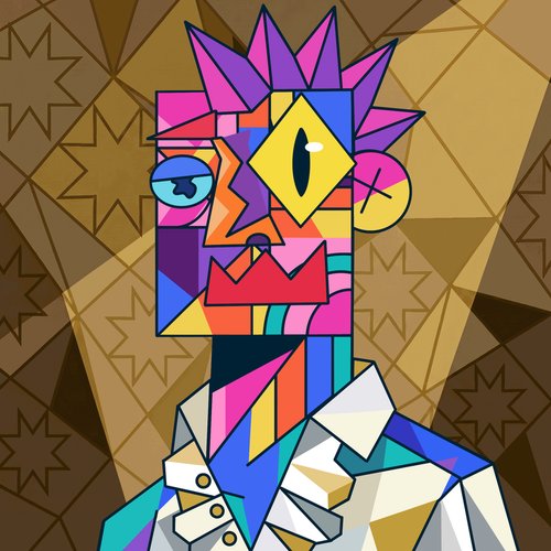 A vibrant, abstract pop-art style portrait features a fragmented face with a yellow eye, blue and pink geometric shapes, and a spiky purple hairstyle set against a brown patterned background.