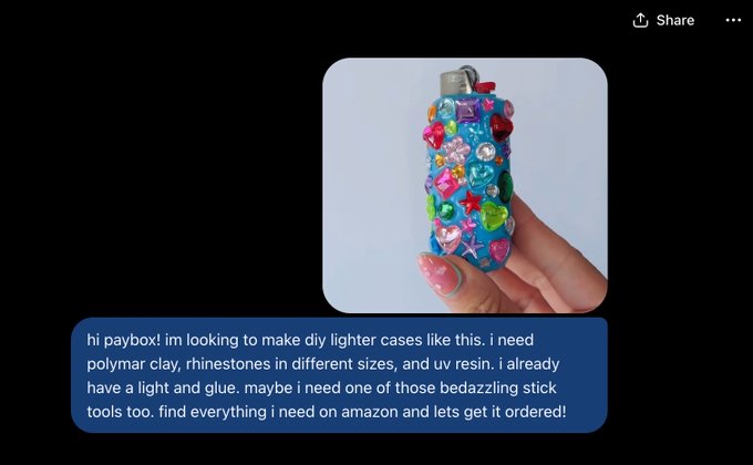 A hand holds a colorful, jewel-encrusted DIY lighter case, with a message addressed to "@paybox" requesting Amazon supplies including polymer clay, rhinestones, UV resin, and a bedazzling stick tool to recreate the design.