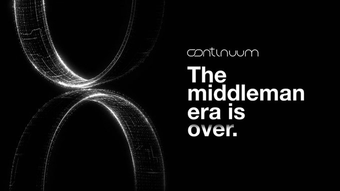 A Continuum promotional graphic with a stylized infinity symbol made of digital particles on a black background, with the text 'The middleman era is over.'