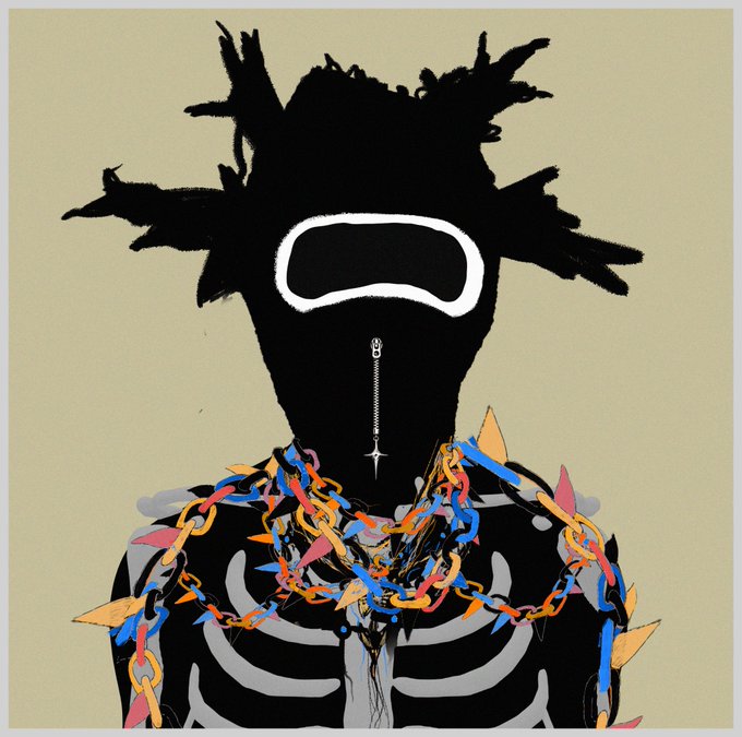 A stylized illustration shows a black silhouette figure with wild, spiked hair, a white-outlined visor or goggle covering the eyes, and a silver zipper down the center of the face, with colorful chain links in blue, orange, pink, and yellow draped over a gray skeletal ribcage design—evoking a bold, edgy NFT character used to announce the "GM FRIENDZ" mint dates reveal at 1:30 PM ET / 5:30 PM UTC.