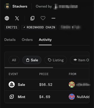 Mobile app screenshot showing NFT activity for 'Stackers' on ERC721/Robinhood Chain, displaying a Sale event priced at $56.52 and a Mint at $4.69.