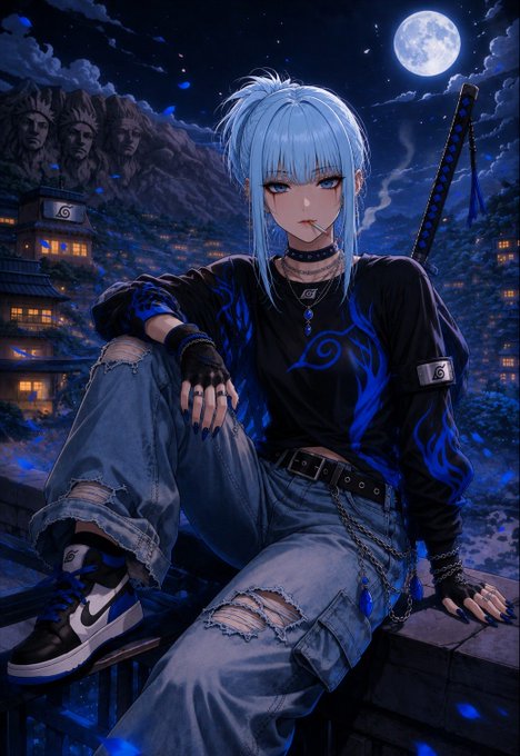 Anime-style artwork of a blue-haired character in a black and blue flame-patterned top and ripped jeans, sitting against a night cityscape with a full moon and Mount Rushmore in the background.