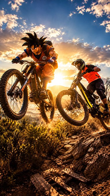 An action scene featuring Goku from Dragon Ball mountain biking alongside another cyclist in an orange vest, jumping over a rocky trail at sunset.