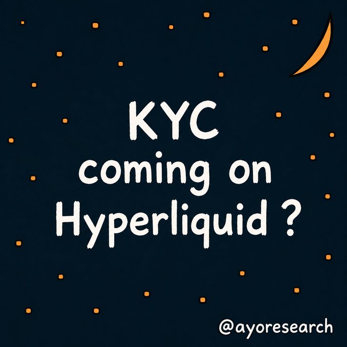 A dark blue graphic with orange stars and a crescent moon asking 'KYC coming on Hyperliquid?' credited to @ayoresearch.