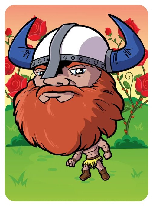 An illustration of a cartoon Viking character with a horned helmet, red beard, and grass skirt standing in a field with red roses.