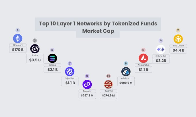 An infographic titled 'Top 10 Layer 1 Networks by Tokenized Funds Market Cap,' listing Ethereum ($170B), BNB Chain ($4.4B), Stellar ($3.5B), zkSync Era ($3.2B), Solana ($2.1B), and others.