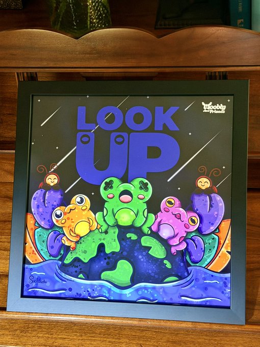 A framed colorful poster titled "LOOK UP" featuring cartoon frogs on a small planet, attributed to Woobbly, with the artist signature Sulha visible in the corner.