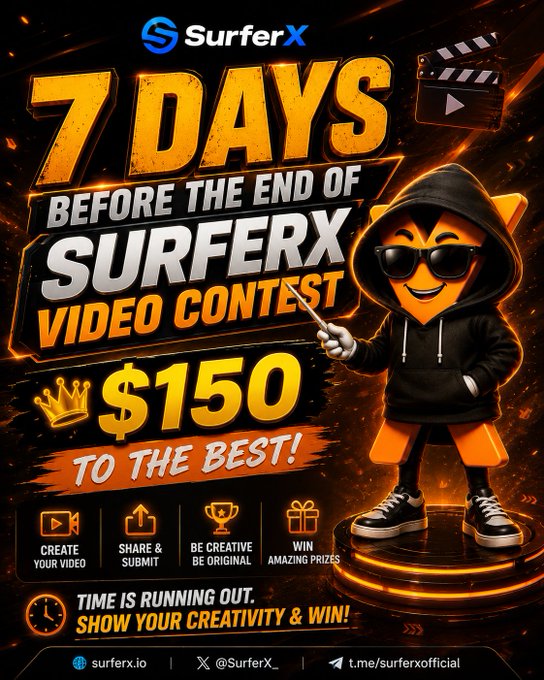 A promotional graphic for the 'SurferX' platform advertises a '7 DAYS BEFORE THE END OF SURFERX VIDEO CONTEST' with a $150 prize to the best, featuring an orange mascot character in sunglasses and a black hoodie.