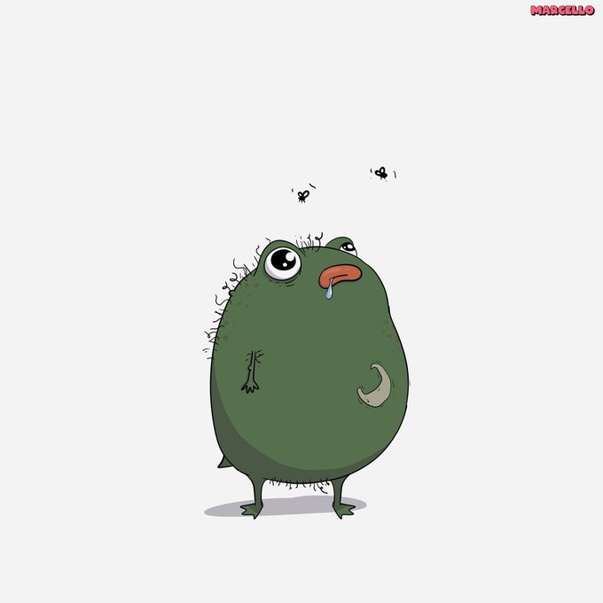 A cartoon green frog character with bulging eyes, drooling, and flies buzzing overhead, signed "MARCELLO" in the top right corner. The image humorously represents the "$Pistacio" token referenced in the post, suggesting the meme coin is so enticing that even a hungry frog is drooling over it just 3 hours after launch at a $9M valuation.