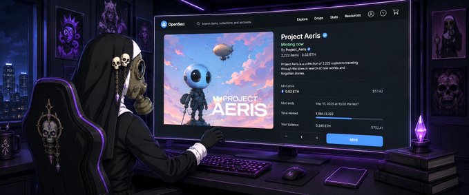 The image shows a hooded, gas-masked figure seated at a desk viewing the OpenSea NFT marketplace, specifically the "Project Aeris" collection (3,222 items at 0.02 ETH, floor price $57.42). It fits the "Good morning NFT collectors" post by visually depicting a stylized collector browsing an NFT listing on a purple-lit monitor.