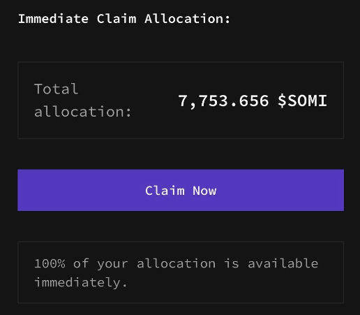A screenshot showing an Immediate Claim Allocation interface from the Somnia Network Season 5 airdrop, displaying a total allocation of 7,753.656 $SOMI with a purple "Claim Now" button indicating 100% of the allocation is available immediately.
