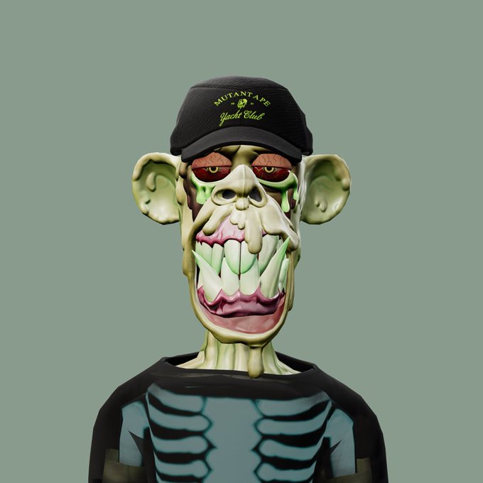 A 3D-rendered figure wears a "MUTANTAPE Yacht Club" cap and a skeleton-patterned shirt, featuring a grotesque, cartoonish monster face with sharp green teeth and large ears.