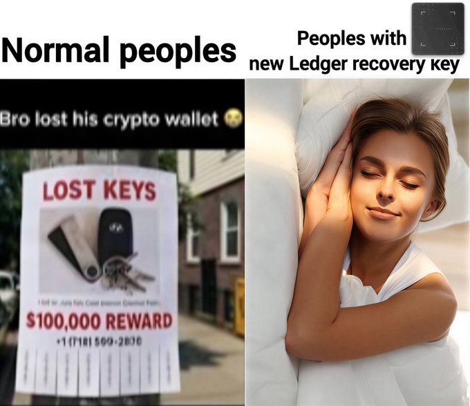 A meme contrasting 'Normal peoples' showing a '$100,000 REWARD' poster for 'LOST KEYS' with 'Peoples with new Ledger recovery key' who are sleeping peacefully, referencing crypto wallet concerns.