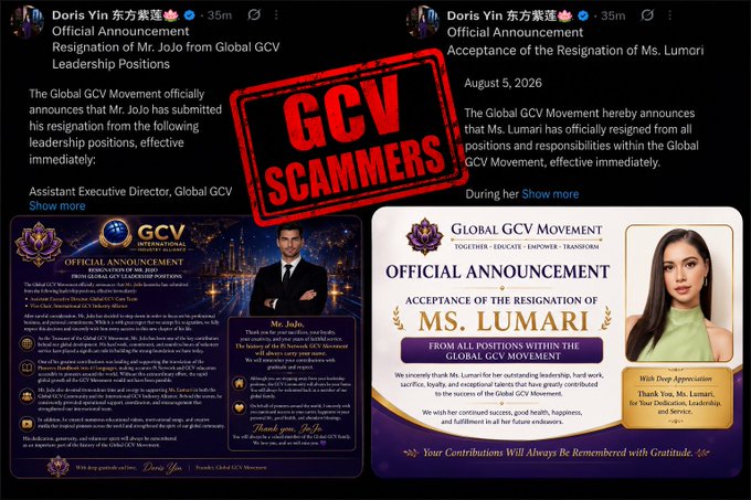 A composite image featuring two resignation announcements from "Doris Yin" for the "Global GCV Movement," stamped with a red "GCV SCAMMERS" label, including photos of "Mr. JoJo" and "Ms. Lumari."