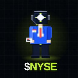 A pixel art character wearing a blue suit and red tie with a glowing dollar sign for a face, displayed above the text '$NYSE' on a dark background.