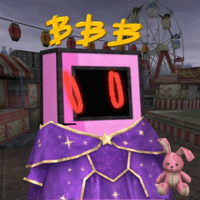 The image shows a pink arcade cabinet character with red eyes wearing a purple starry wizard cloak, holding a pink bunny plushie, set against a carnival/fairground background with a ferris wheel and red lanterns. The yellow text "ㄗㄗㄘ" appears above, and the wizard theme of the post "multi-chain wizardry ARCades on ARC Chain" is visually reinforced by the character's mystical robe and stars.