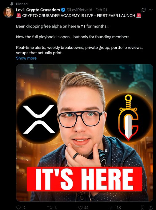 A pinned tweet from Levi | Crypto Crusader (@LeviRietveld) announcing 'CRYPTO CRUSADER ACADEMY IS LIVE – FIRST EVER LAUNCH' with XRP and a custom 'CG' sword logo, showing 'IT'S HERE' text.